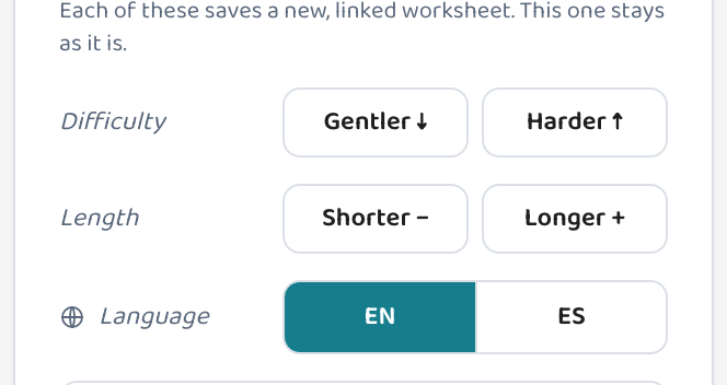 The Lessonpress worksheet tools — Level up/down difficulty controls, question-length controls, and an English/Spanish language toggle.