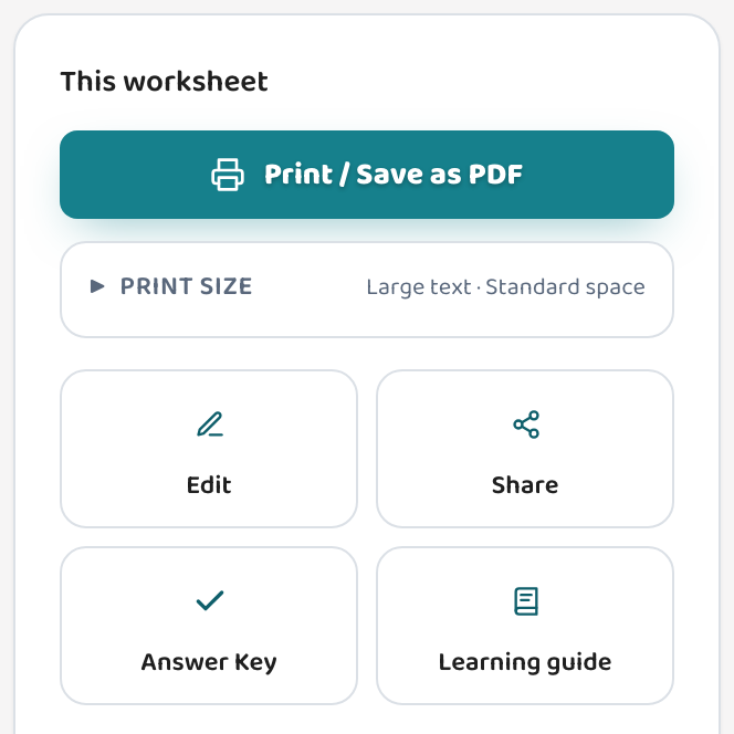 The Lessonpress worksheet tools, with the teal 'View answer key' button that opens the grown-up copy.