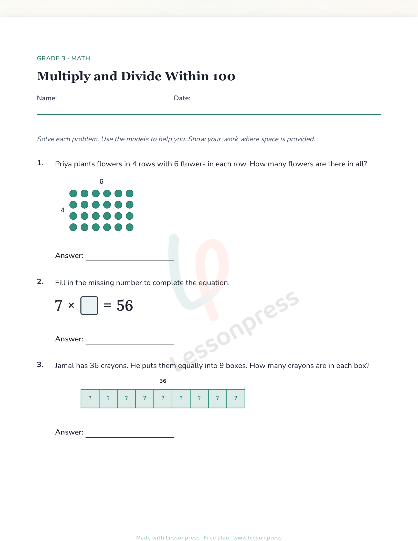 A finished Grade 3 multiplication worksheet made with Lessonpress — an array model, a missing-factor equation, and a tape diagram, ready to print.